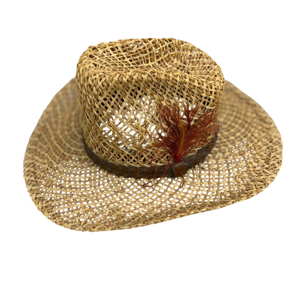 Vtg Biltmore Western Hat 7 1/4 Mens Straw Braided Leather Band Tall Feather